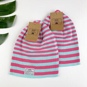 Bundle Lot New Nike Beanies Pink Blue Stripe Cotton Knit Kids Youth One Size